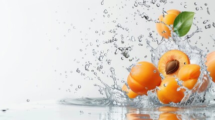 Wall Mural - Vibrant Apricot Halves in Splashing Liquid on Plain Background - Fresh and Juicy Fruit Concept, Generative Ai