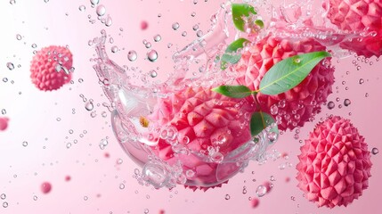 Refreshing Lychee in Clear Juice with Dynamic Droplets Against Solid Background, Generative Ai