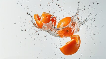 Wall Mural - vibrant persimmon slices in clear juice with dynamic splash on solid backdrop, sweet and exotic refr