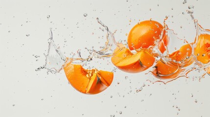 Wall Mural - Vibrant Persimmon Slices in Juicy Splash on Solid Background - Sweet and Exotic Fruit Refreshment Concept, Generative Ai