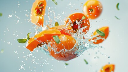 Wall Mural - vivid persimmon slices with splashing juice on solid background, exotic and sweet refreshment concep