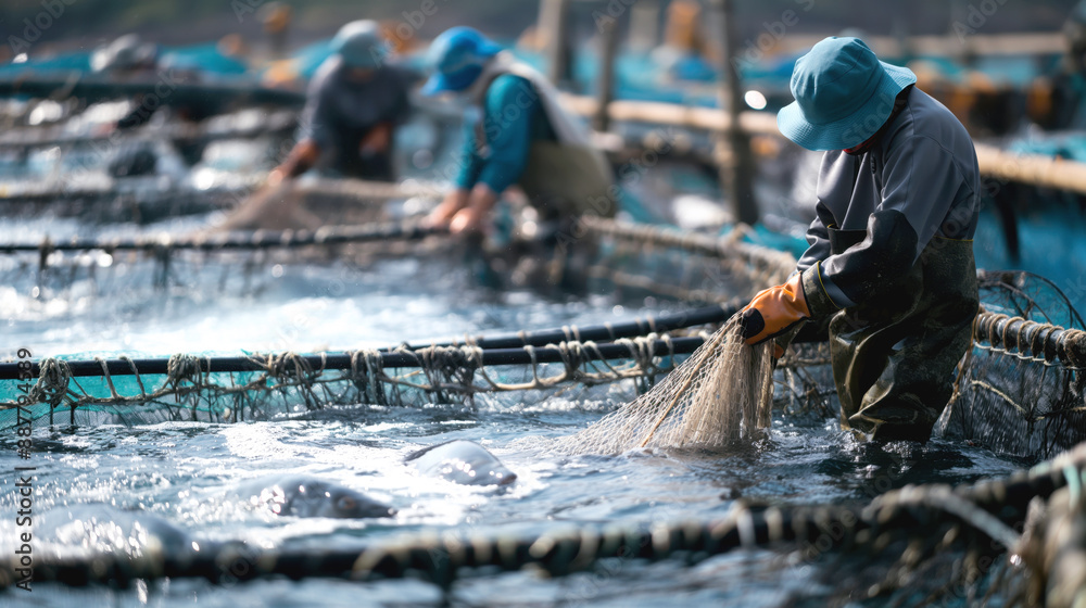 Fish Handler Workers harvesting fish from marine fish farming nets in an aquaculture ...
