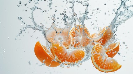 Wall Mural - Citrus Splash: Fresh Clementine Segments in Tangy Juice with Splash Effect on Plain Background, Generative Ai