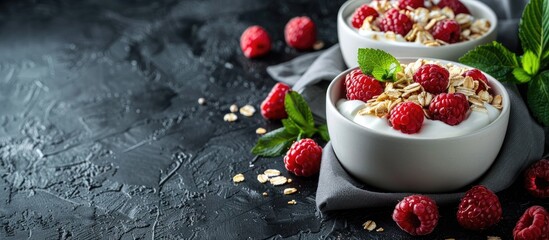 Poster - A nutritious vegan breakfast with yogurt muesli and raspberries on a dark backdrop featuring copy space image