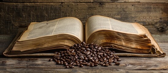 Leinwandbilder - An old vintage open book serves as a rustic backdrop for a display of roasted coffee beans with space for text or design elements in the image. with copy space image. Place for adding text or design