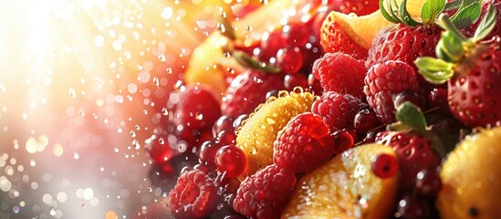 Poster - Fresh fruits background featuring water drops on ripe sweet fruits and berries Ideal for vegan and vegetarian concepts with ample copy space image for text