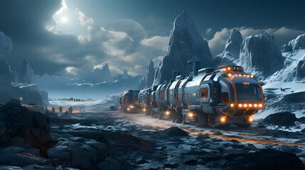 Wall Mural - A futuristic freight train hauls cargo through a harsh, icy, and volcanic alien landscape, silhouetted against a cloudy sky and bright moon.