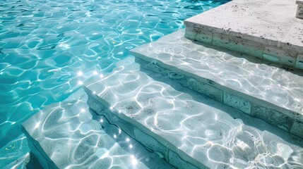 Poster - Steps to an outdoor pool with clear blue water safe entry visibility of white steps and gentle ripples on the surface