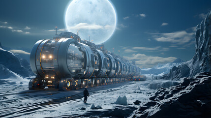 Wall Mural - A futuristic train winds its way through a barren, snow-covered landscape on an alien planet, bathed in the glow of a massive, ethereal moon.