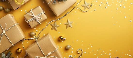 Poster - Design festive holiday postcards with gift boxes adorned in brown kraft paper twine beads and gold stars set on a yellow backdrop with copy space image for text