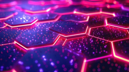 Poster - Hexagonal tiles with glowing neon edges in pink and purple, featuring a digital futuristic pattern.