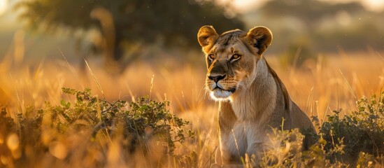 Aufkleber - An African lioness elegantly poised in the wild on a sunlit savannah with a backdrop of lush foliage and a clear sky leaving room for copy space image