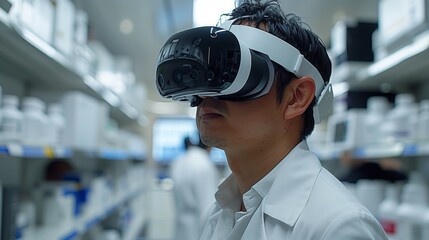 Poster - a scientist in a lab coat uses virtual reality technology to demonstrate a lab-on-a-chip experiment.