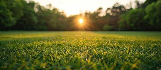 Poster - Sunset over a grassy field with a blurred forest in the backdrop creating a scenic copy space image with selective focus and shallow depth of field