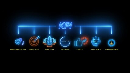 KPI Business analytics. Data analytics report. Key Performance Indicators on information dashboard for business strategy and intelligence. Glowing neon line KPI icons concept on transparent background