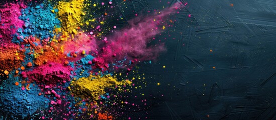 Poster - Top view of colorful powder dyes against a dark background perfect for adding text in the copy space image capturing the essence of the Holi festival