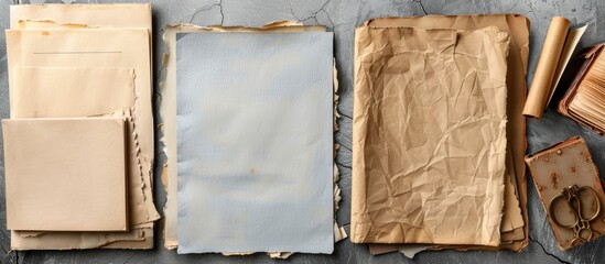 Poster - Vintage stationery set displayed on a gray paper background with empty copy space image