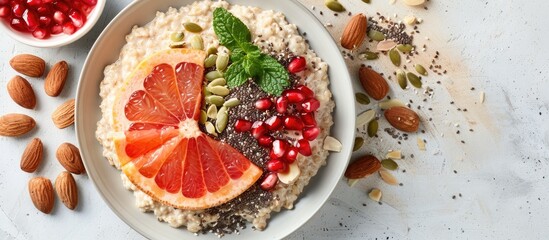 Aufkleber - Nutritious oatmeal plate topped with grapefruit pomegranate almonds and chia seeds Ideal for breakfast fitness and nutrition Displayed from above in a flat lay composition with copy space image