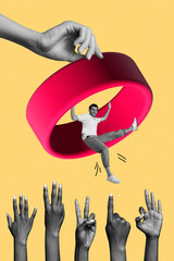 Sticker - Vertical collage young man 3d ring figure human hands non verbal speech gesture communication okay peace two fingers palm