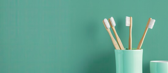 Poster - Toothbrushes and holder placed on a green background welcoming text with a copy space image available for customization