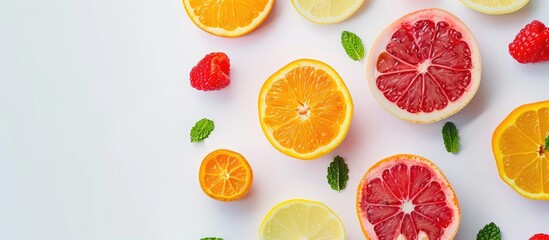 Poster - A colorful composition on a white background for a flat lay view with close up details and ample copy space image