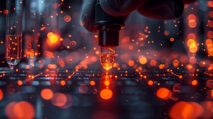 Poster - a close-up image of a lab-on-a-chip project, showing a gloved hand holding a small device over a mic