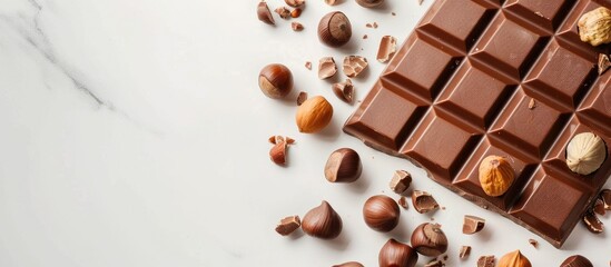 Poster - a chocolate with hazelnut on a white background ready for text in the copy space image
