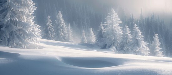 Poster - In the dim light snowy spruce trees with copy space image for New Year s glisten surrounded by soft white snowdrifts resembling beds
