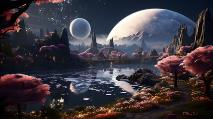 A mystical alien planet with vibrant flora, a serene lake, a futuristic bridge, and two moons shining bright in the night sky.