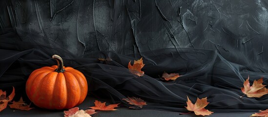 Poster - Halloween themed composition featuring a pumpkin set against a black tulle backdrop with maple leaves ideal for adding text with copy space image