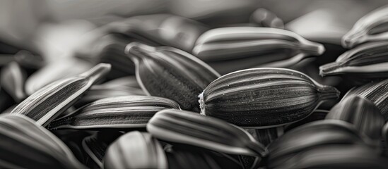 Wall Mural - Freshly harvested black and white sunflower seeds close up creating a macro background with copy space image available