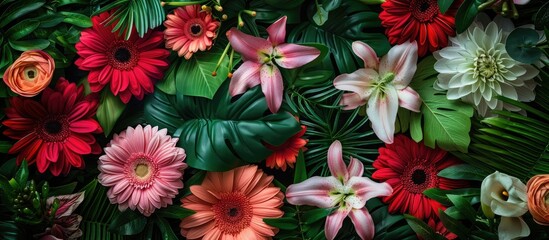 Poster - Close up of rose lily and chrysanthemum flower arrangements against lush greenery backdrop ideal for a greeting card with copy space image