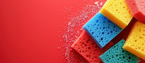 Poster - Colorful sponges on a red backdrop with a copy space image for a cleanup day featuring a sponge cleaning kit for housework housekeeping and household chores