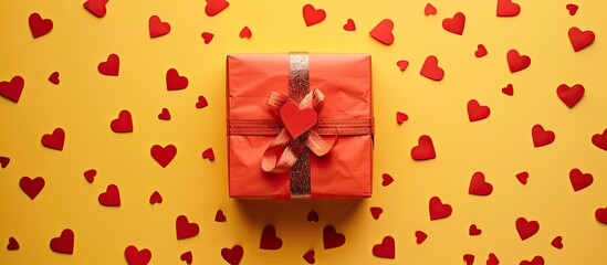Poster - Valentine s Day theme with a gift box surrounded by multiple small red hearts positioned in a flat lay arrangement on a yellow background perfect for copy space image
