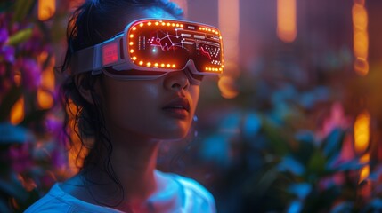 Poster - A woman wearing a virtual reality headset with a biosensor display in a brightly lit environment.