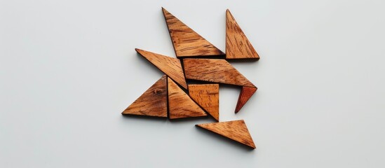 Wall Mural - tangram puzzle made of wood arranged as a falling man on a white background conveying the concept of