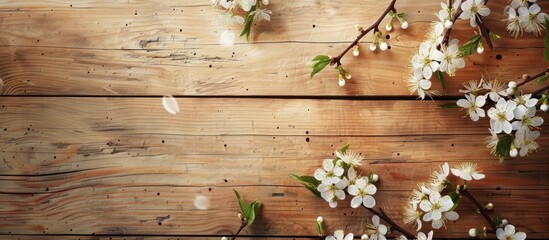 Poster - Wooden textured background with a delicate white flowering branch for wedding or Valentine s Day card with copy space image