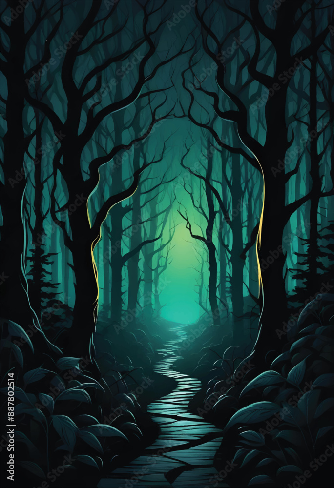 vector illustration of a dark forest with a path in the dark Stock ...