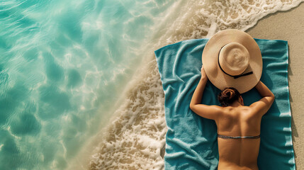 A telephoto angle photo of a person napping peacefully on a beach towel, with a hat covering their face, with copy space