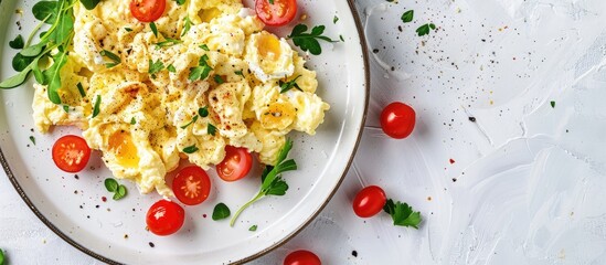 Aufkleber - Scrambled eggs a healthy breakfast option Close up view with copy space image for those who prefer healthy eating with fresh ingredients