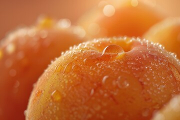 Wall Mural - Close-up of Fresh Dewy Peaches during Sunrise