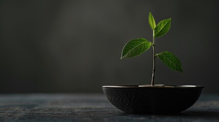 Wall Mural - A small plant is in a black bowl on a table