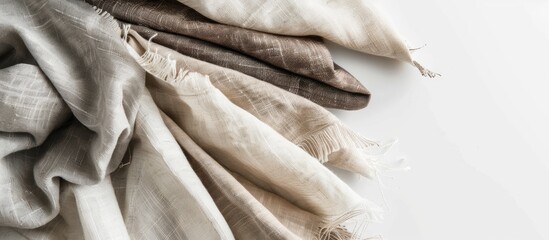 Poster - Linen pieces on white background for fabric samples mockup with copy space image