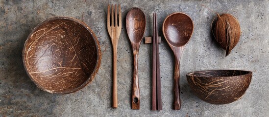 Leinwandbilder - A set of coconut tree utensils including a wooden spoon fork chopsticks and bowl with a rustic feel displayed on a copy space image