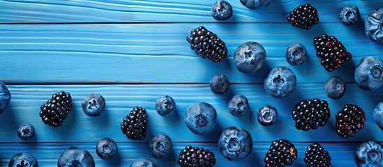 Poster - Blueberries and blackberries arranged on a blue wooden surface for a flat lay composition with copy space image