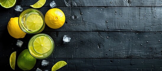 Aufkleber - Top view of two glass glasses with homemade lemonade made from lime and lemon placed on a rustic black wooden surface providing copy space image