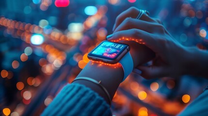 Poster - A person wearing a smartwatch with a vibrant display against a backdrop of city lights.