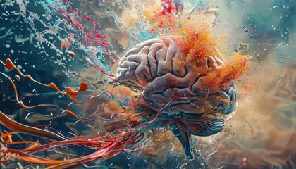 Human Brain Surrounded by Colorful Splashes and Lines