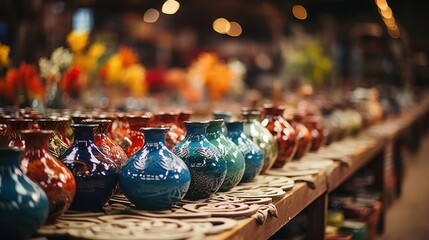 Sticker - Inside a pottery workshop showcasing freshly thrown ceramic vases and various handcrafted pottery pieces on shelves 