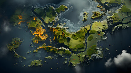 A series of islands with forests and fires are shown from above. Parts of the land have broken off and fallen into the sea. Smoke and clouds roll in from the top right.